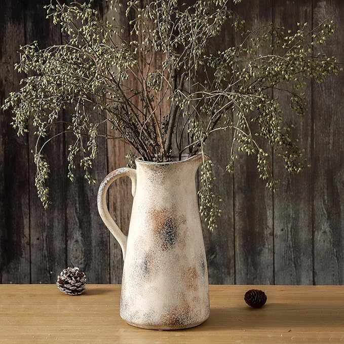 Ceramic Vintage Vase with Handle,12.2 inch Large Tall Handcrafted Pitcher Vase for Modern Farmhouse Decor, Ideal for Home Decor, Living Room, Table, Shelf