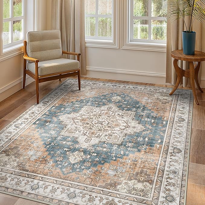 GENIMO 5x8 Area Rugs for Living Room, Machine Washable Low Pile Rugs, Chenille Non Alip Vintage Rug for Bedroom, Dining Room, Home Office, Blue Brown