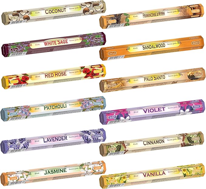 Tulasi Incense Sticks Pack of 12 Natural Scent (240 sticks) Variety Fragrance of Coconut, White Sage, Red Rose, Palo Santo, Lavender & Cinnamon etc, Ideal for Aromatherapy, Meditation & Positive Vibes