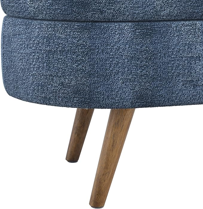 Oval Storage Bench 43.5" Linen Fabric Upholstered Entryway Bench with Solid Wood Legs Ottoman Bench Indoor Bench for Living Room/Bedroom/End of Bed/Entryway (Blue)