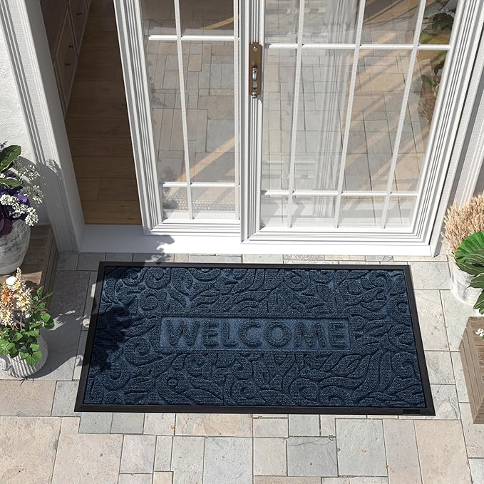 Yimobra Welcome Front Door Mat Outdoor, Heavy Duty Sturdy Non Slip Doormats, Rubber Backing, Low-Profile Entrance Rugs, Absorbent Resist Dirt, Easy Clean Patio Garage Floor Mats, 47X24 Inch, Blue