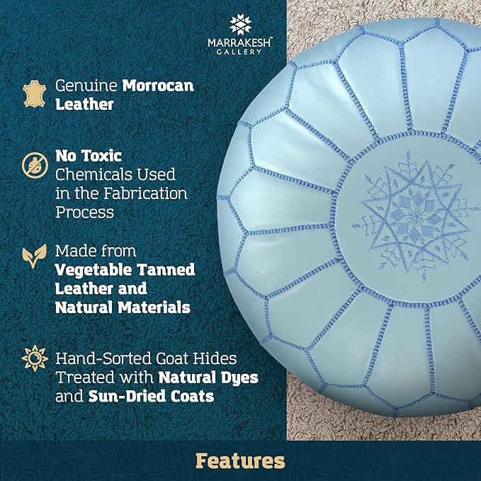 Marrakesh Gallery Genuine Leather Round Pouf Unstuffed - Moroccan Ottoman Footstool, Footrest Cover - Boho Decor - Bohemian Living Room, Bedroom, Kids Room, Gift & Wedding