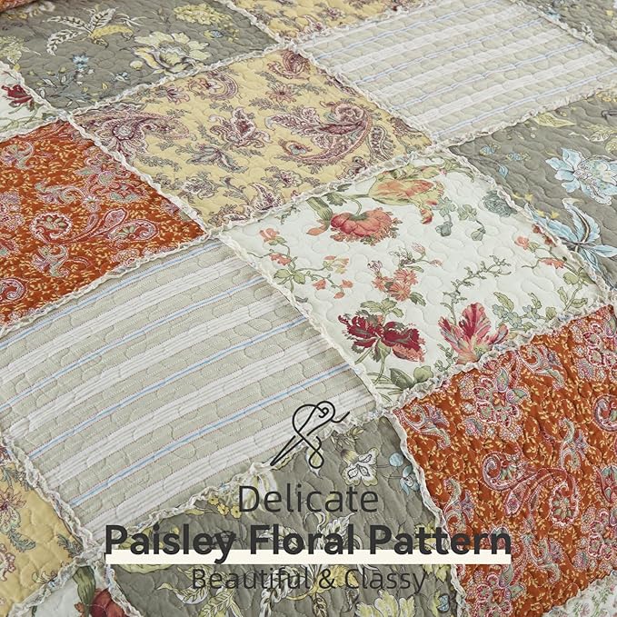 Yvooxny 3-Piece Quilt Set Queen Size Quilted Bedspread Reversible Country Style Floral Real Patchwork Bedding Quilt Set with Ruffles with Pillowcases for All Seasons, 98 * 90 Inches