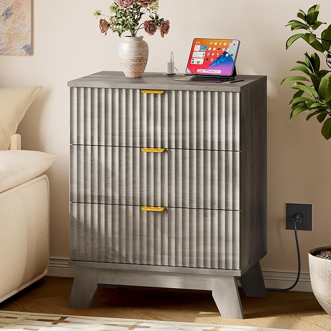 30.5" Nightstand with Charging Station, 3-Drawer Fluted Bedroom Chest, Wood Bedside Dresser with Power Outlets and USB Ports, Metal Slides, Stable Base, Modern Storage Cabinet for Small Spaces