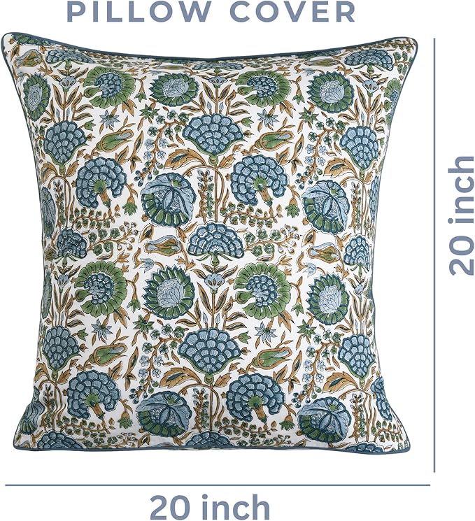 Ridhi Asparagus Green Print Cotton Throw Pillow Covers for Decorative Couch Pillows for Living Room, Chic Boho Cute Outdoor Thanksgiving Pillows Covers Gifts 20x20 Inches