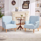 HUIMO Linen Fabric Accent Chairs Set of 2, Mid-Century Modern Armchair with Solid Wood Legs, Single Sofa Chair,Upholstered Reading Club Chair (2, Blue and White Stripe)