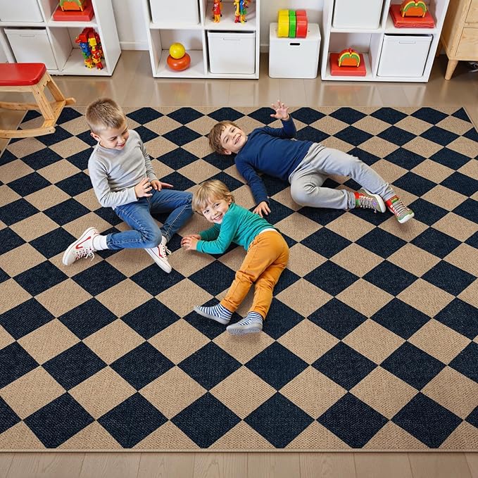 Lahome Checkered Easy Jute 5x7 Area Rugs, Washable Outdoor Patio Rug for Living Room Diamond Indoor Outdoor Carpet, Farmhouse Geometric Non Slip Black Carpet for Backyard Dining Room