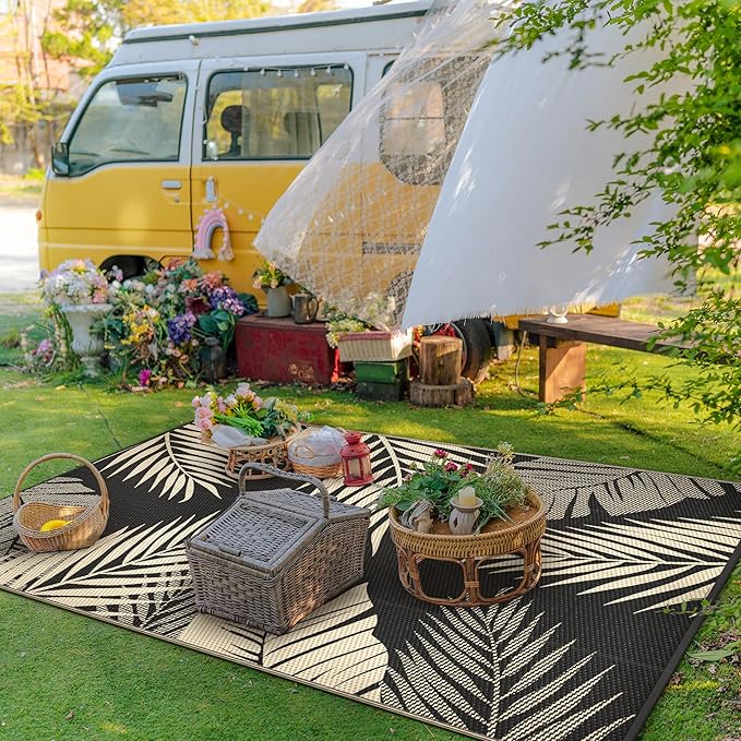 GENIMO Outdoor Rug 6' x 9' Waterproof for Patios Clearance, Reversible Outdoor Plastic Straw Camping Rug Carpet, Large Area Rugs Mats for RV, Camper, Deck, Balcony, Porch, Beach, Picnic, Black&Beige