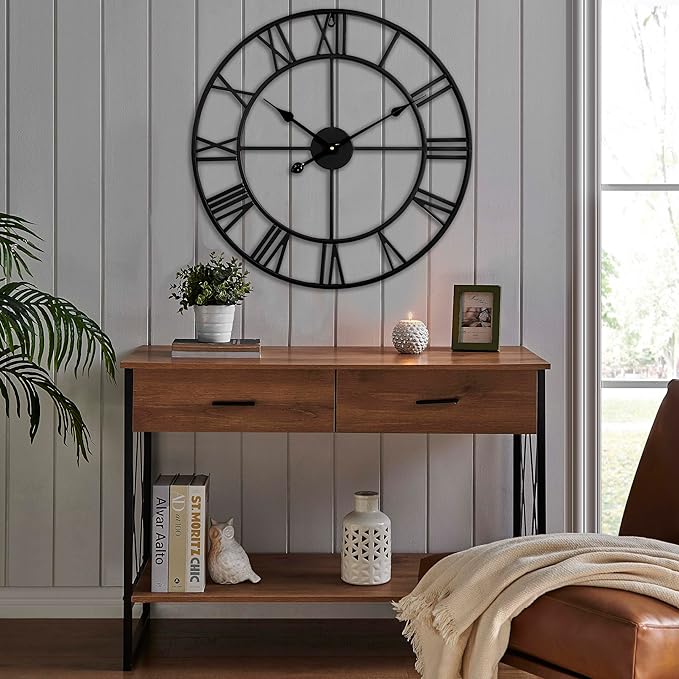 CLXEAST Silent 24 Inch Wall Clocks for Living Room Decor, Large Black Metal Roman Numeral Wall Clocks for Modern Farmhouse Home Decor,House Warming Gifts New Home