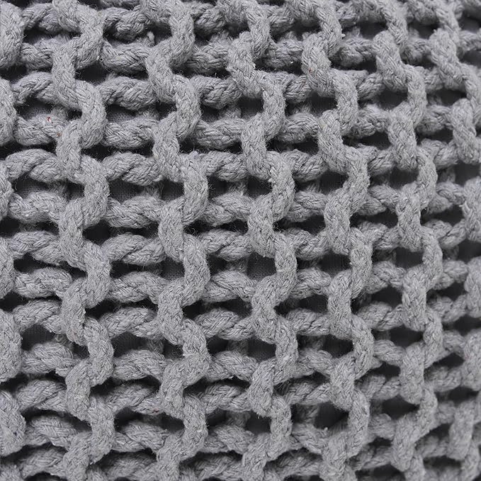 REDEARTH Round Boho Pouf Ottoman - Cable Knitted Cord Boho Pouffe - Stuffed Poof Accent Beanbag Footrest for Living Room - Nursery - Bedroom - Covered Patio - Study Nook (19.5"x19.5"x14") - Gray