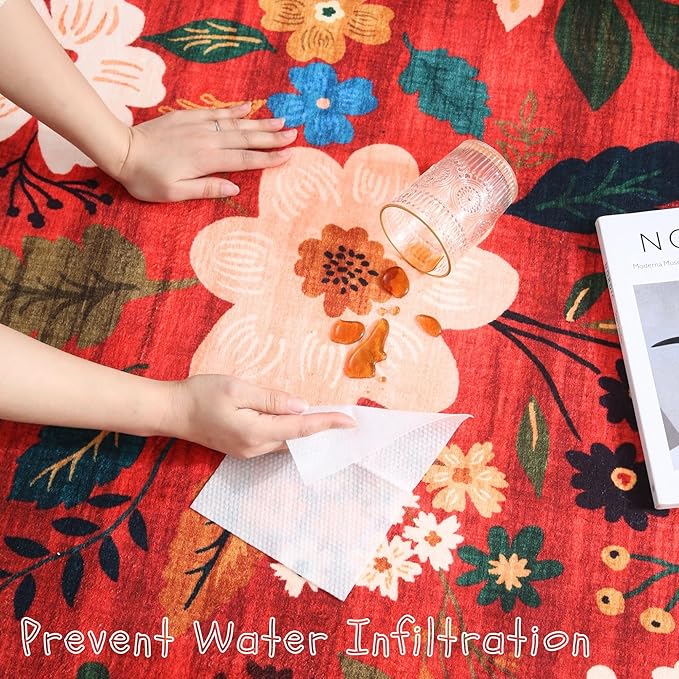 Door Mat Indoor Entrance 2x3 Rug Machine Washable Boho Floral Small Area Rug Non-Slip Low Pile Throw Rugs for Entryway, Kitchen, Front Door Indoor Entrance, Entry, Kids Room (Red)