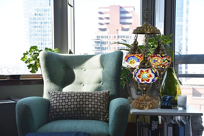 mozaist Turkish Table Lamp, Boho Lamp, 3 Globe Mosaic Desk Light, Decorative Tiffany Lampshade, Colorful Vintage Lamp for Bedroom, Living Room, Kids Room US Plug & E12 Socket, Mixed Mosaic