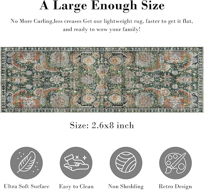 RUGSURE Washable Area Rugs - Perfect for Living Room, Bedroom, Kids Room, Nursery - Stain & Water Resistant Non-Slip, Pet & Child Friendly, Vintage Tribal Area Rugs (Green, 2'6'' x 8')