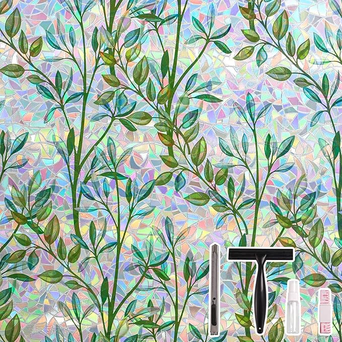 LEMON CLOUD Window Privacy Film Static Clings Decorative Leaf Rainbow Window Sticker Non-Adhesive Decals for Glass with Tools,17.5 x 157.4 Inch
