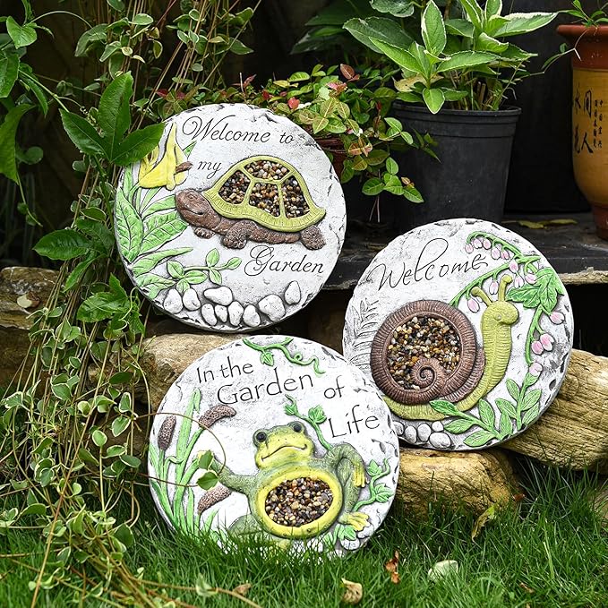 Sungmor 3PC Pretty Garden Stepping Stones, 9.8" Large Concrete Decorative Stones with Beautiful Pattern, Unique Outdoor Lawn Accents, Yard Walkway Flower Bed Wall Shelf Welcome Friends Decorations