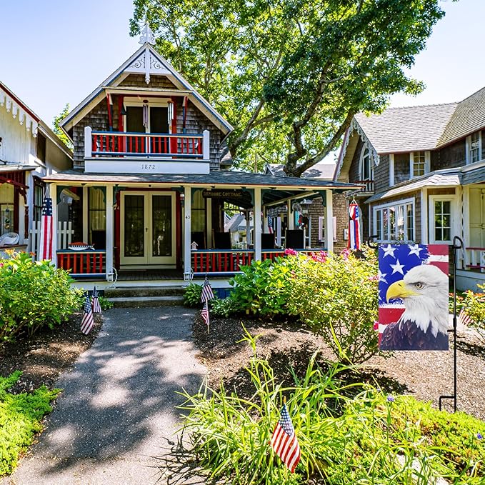 TOPFLAGS Garden Flag Stand with American Garden Flags Patriotic Stars and Eagle Yard Flag 12x18 Inch Holder Pole Stake Double Side for Outside with Clips and Stopper for Memorial Day 4 th of July