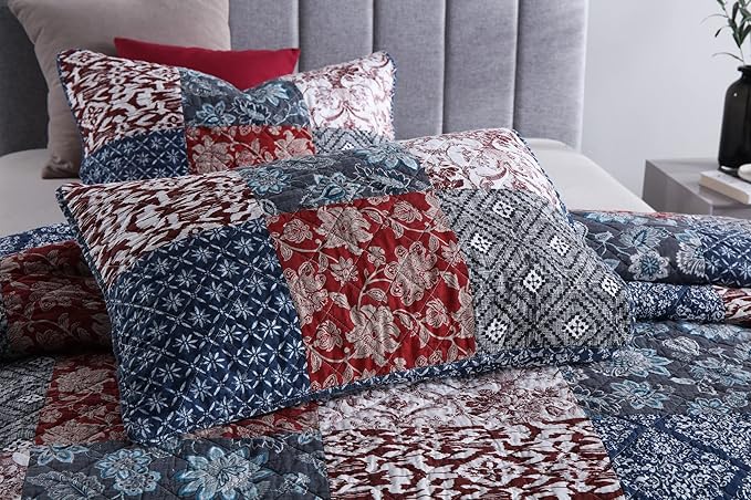 Yvooxny Quilts Queen Size 3-Piece Quilt Set Real Patchwork Bedspread Coverlet Set Quilted Bedding Set with Pillowcases for All Seasons, Farmhouse Bohemian Style