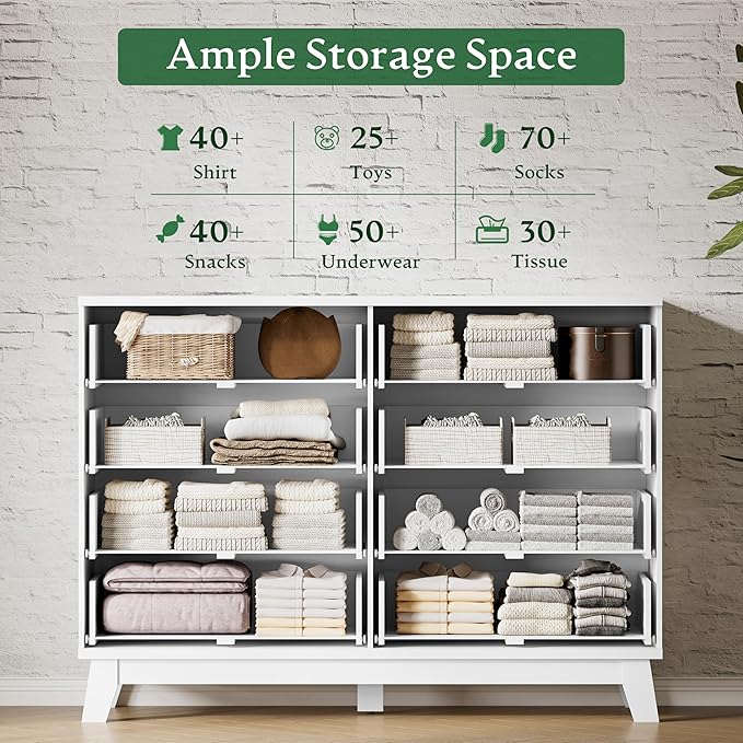 Fluted Dresser with 8 Drawers, 54" Wide Modern Chest of Drawers with Metal Handle, Wooden Dresser TV Stand, Wood Closet Clothes Storage Organizer for Bedroom, Living Room, Hallway, Solid White