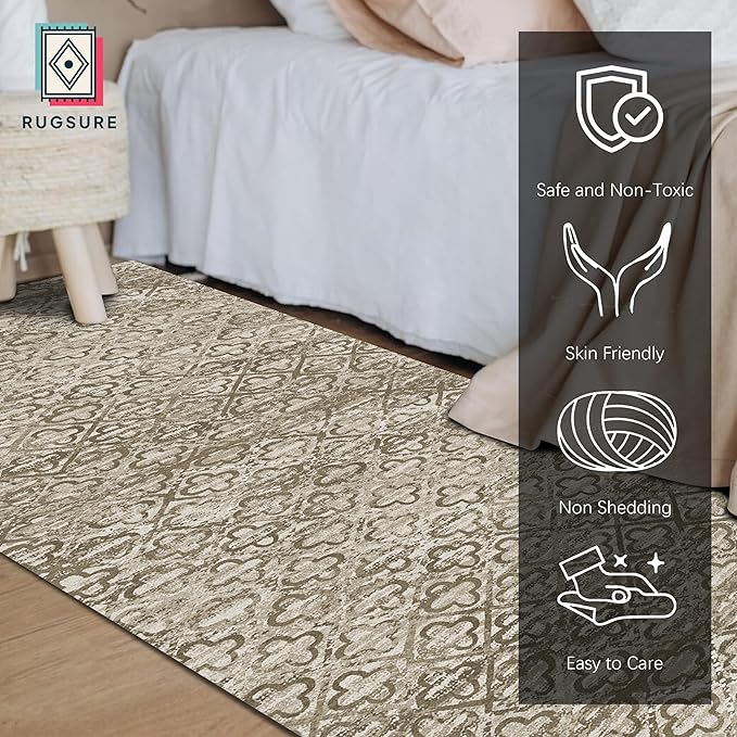 RUGSURE Washable Area Rugs, 2'6'' x 8' - 1/6 Thick - Stain & Water Resistant Non-Slip - Perfect Resistant Rug for Living Room, Bedroom, Nursery, Pet & Child Friendly, Vibrant Colors Rugs, Brown