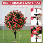 Sunnyglade Set of 2 Artificial Boxwood Topiary Ball Trees with Red Flower, Faux Shrub Bushes with Ground Spike 25.5", UV Resistant Fake Boxwood Plants for Indoor, Garden, Porch, Patio Decor (Red)