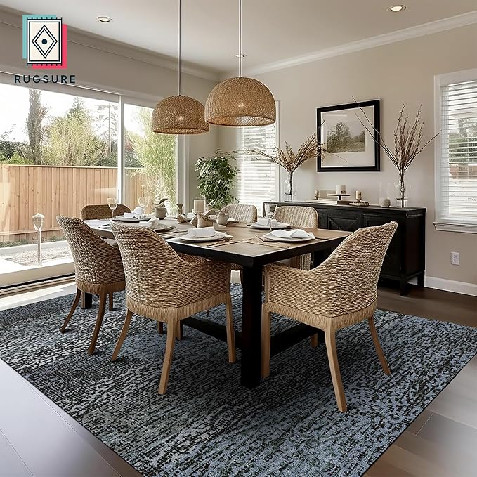 RUGSURE Washable Area Rug - 1/6 Thick - Stain & Water Resistant Non-Slip - Resistant Rug for Living Room, Bedroom, Nursery, Pet & Child Friendly, Vintage Charm Area Rugs (Darkgrey+Bule, 5' x 7')