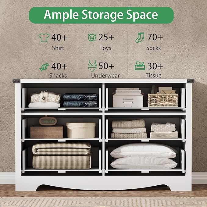 Dresser for Bedroom with 6 Drawers, 48" Wide Modern Chest of Drawers with Deep Drawers & Mental Handle, Wood Dresser TV Stand, Wooden Closet Storage Organizer for Living Room, Hallway, Entryway, White