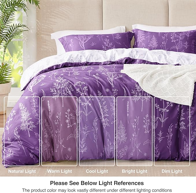 Love's cabin Dark Purple Full Comforter Set - Full Size Comforter Set, 3 Pieces Cute Floral Bedding Sets for All Seasons,1 Soft Reversible Botanical Flowers Comforter and 2 Pillow Shams