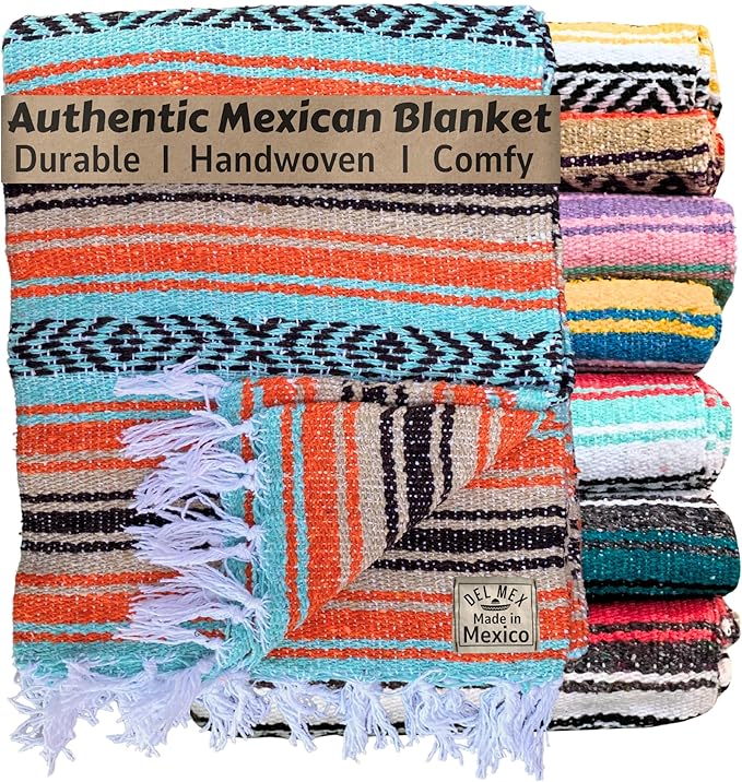 Del Mex Classic Mexican Blanket, Large Authentic Woven Falsa Throw (70"x50"), Artisan Southwest Décor for Beach, Yoga, Outdoors (Mint/Tan/Orange)