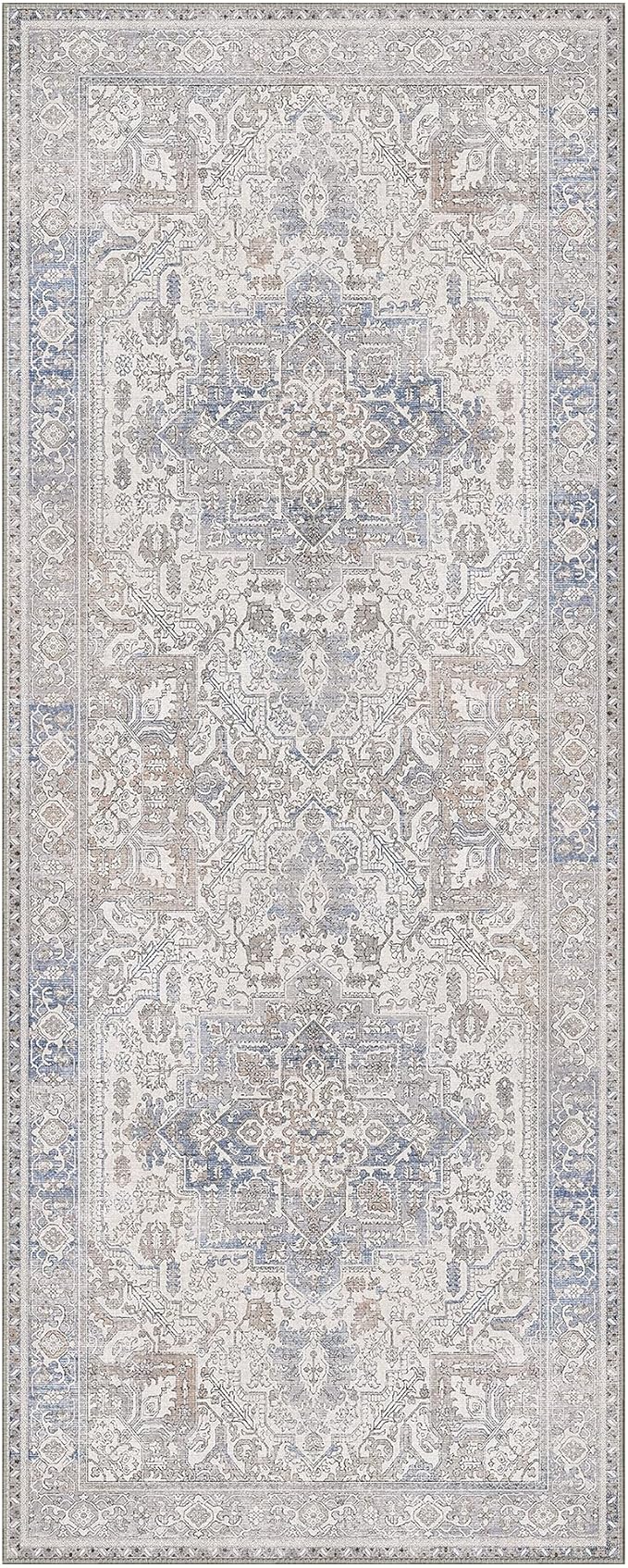 GENIMO 2x5 Runner Rugs for Hallway, Machine Washable Non Slip Vintage Retro Rugs, Low Pile Lightweight Thin Print Rug for enrtyway, Corridor, Home Office, Kitchen, Khaki Blue