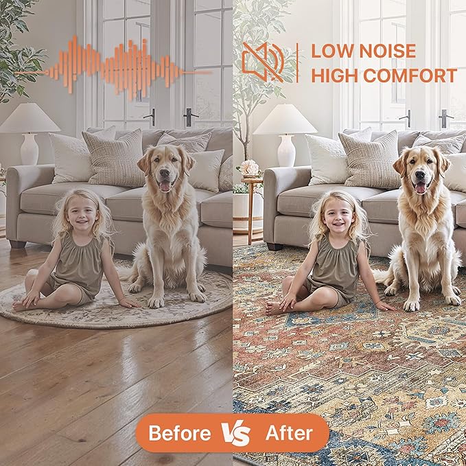 GENIMO 9x12 Area Rugs for Living Room, Machine Washable Non Slip Vintage Rugs, Low Pile Lightweight Chenille Print Rug for Bedroom, Dining Room, Home Office, Antique Red