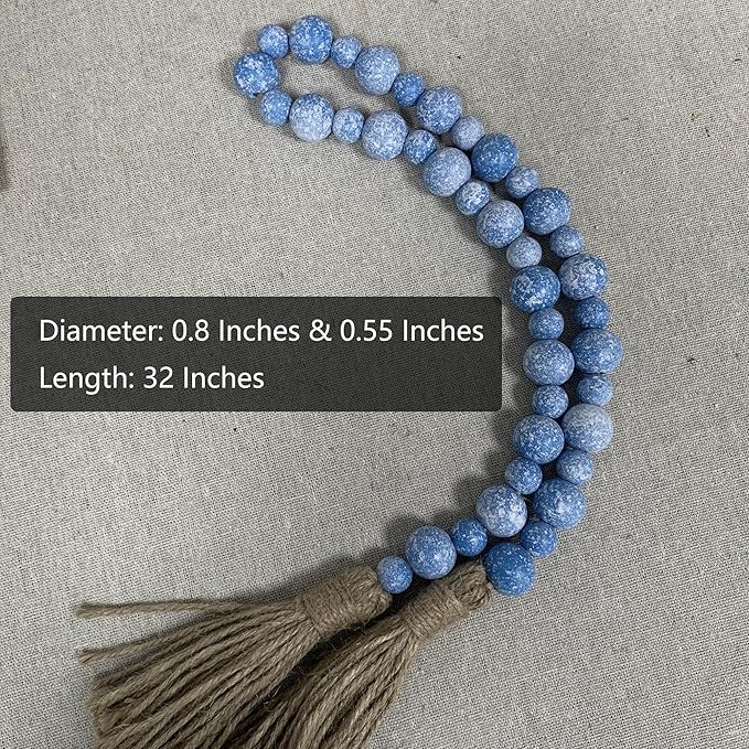 Handcrafted Farmhouse Wooden Decorative Beads Garland, Table Tray Boho Wood Beads with Tassel, Small Rustic Antique Decor for Home and Events (32" Rustic Light Blue)
