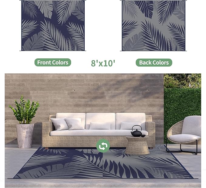 GENIMO Outdoor Rug 8' x 10' Waterproof for Patios Clearance, Reversible Outdoor Plastic Straw Camping Rug Carpet, Large Area Rugs Mats for RV, Camper, Deck, Balcony, Porch, Beach, Navy Blue&Grey