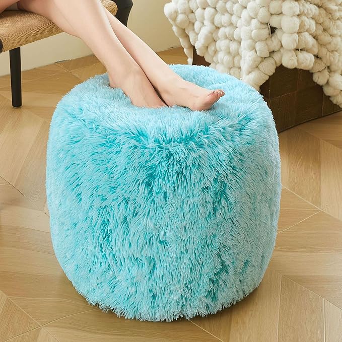 XeGe Fluffy Faux Fur Inflatable Pouf Ottoman, Cozy Portable Fuzzy Foot Stool, Furry Foot Rest Floor Pouf Anti-Slip Kids Girls Adult, Cute Round Ottoman Cushion for Living Room Bedroom, Ombre Aqua