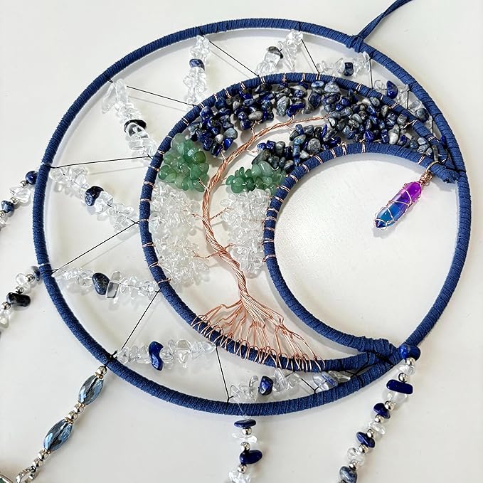 Tree of Life Dream Catchers,Handmade Rainbow Healing Crystal Stone Dream Catcher Wall Hanging Ornament for Bedroom Wedding Party Decor, Festival Blessing Gift (Blue Purple Tree of Life Art(Moon))