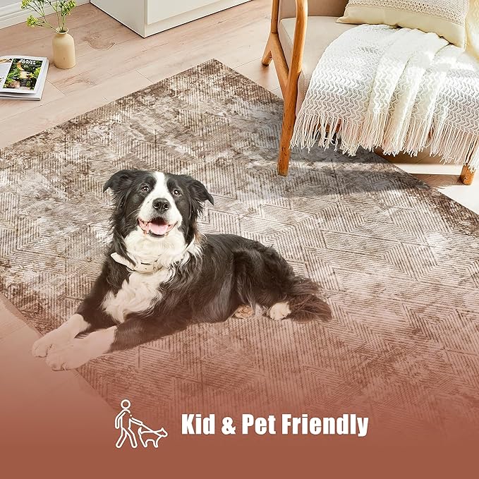 5' x 7' Washable Area Rug - Low Pile Soft Vintage Indoor Rug for Living, Dining or Bedroom - Lightweight Carpet with Non-Slip Backing - Foldable for Easy Placement, Brown