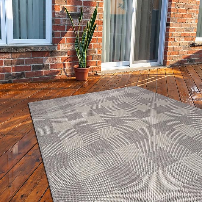 CAMILSON Outdoor Rug - Modern Area Rugs for Indoor and Outdoor Patios, Kitchen and Hallway mats - Easy Cleaning Non Shedding Washable Outside Carpet (5x7, Buffalo - Grey/White)