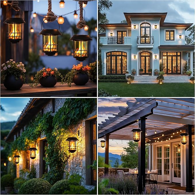 Otdair Solar Wall Lantern Outdoor, Flickering Flames Solar Sconce Lights Outdoor, Hanging Lamps Wall Mount for Front Porch, Patio and Yard, 4 Pack