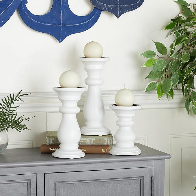 Deco 79 Mango Wood Turned Style Pillar Candle Holder, Set of 3 10", 8", 6"H, White