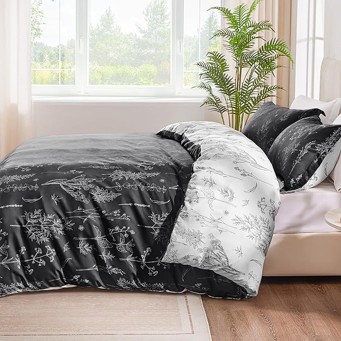 Love's cabin Black Twin Comforter Set - Twin XL Size Comforter Set Dorm Bedding, 2 Pieces Cute Floral Bedding, Soft Reversible Flowers Comforter, 1 Comforter & 1 Pillow Sham