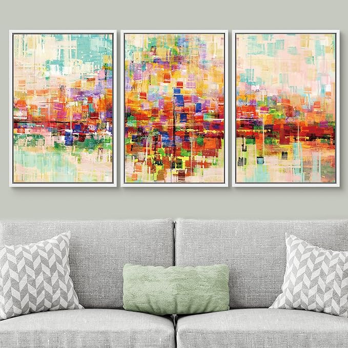 SIGNWIN Framed Canvas Wall Art Bright neon Color Buildings Block with Reflection Places Cityscape Oil Painting Abstract Modern Panoramic Colorful for Living Room, Bedroom, Office - 16"x24"x3 White