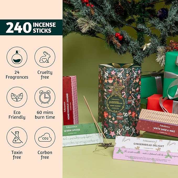 Folkulture Advent Calendar 2025 - Pack of 24 Incense Sticks for Gifts | Pack of 240 - Organic, Non-Toxic, Slow Burning Inscense for Women |