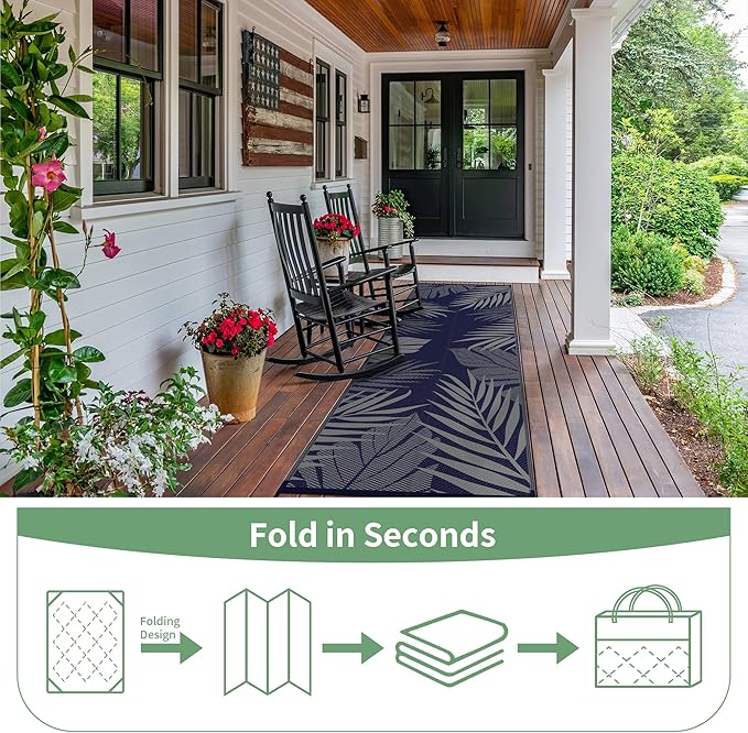 GENIMO Outdoor Rug 2.5' x 8' Waterproof for Patios Clearance, Reversible Outdoor Plastic Straw Camping Rug Carpet, Large Area Rugs Mats for RV, Camper, Deck, Balcony, Porch, Beach, Picnic, Blue&Grey