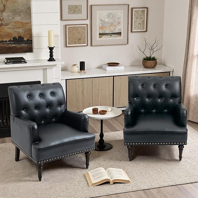 UIXE PU Leather Accent Chairs Set of 2, Modern Upholstered Armchair for Living Room, Comfy Arm Chair Single Sofa Reading Seat with Wooden Legs for Office Home Bedroom - Black