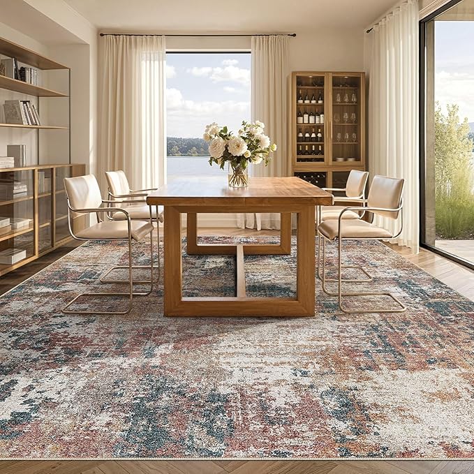 Tortania Washable 9x12 Area Rug for Living Room: Modern Abstract Neutral Large Soft Thin Rugs - Non Slip Indoor Carpet for Bedroom Dining Room Office Nursery Home Floor Decoration - Colorful Multi
