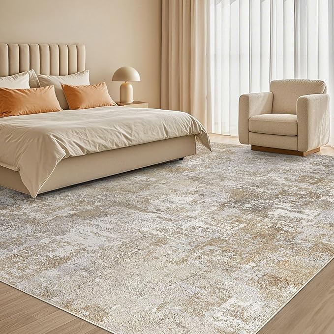 Tortania Washable 10x12 Area Rug for Living Room: Modern Abstract Neutral Large Soft Thin Rugs - Non Slip Indoor Carpet for Bedroom Dining Room Office Nursery Home Floor Decoration - Brown Grey