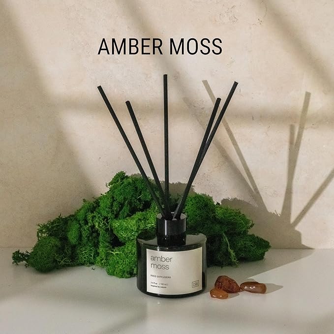 Craft & Kin Amber Moss Reed Diffuser | All Natural Essential Oil & Rattan Scent Sticks | Fall Reed Diffusers for Home, Bathroom | Long Lasting Home Fragrance in Green Glass, 3.4oz