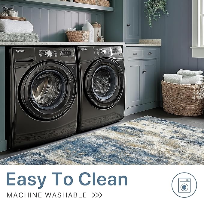 Runner Rug for Hallway Kitchen, 2'6"x6' Machine Washable Runners Rug for Entryway, Soft Modern Abstract Throw Rugs, Low Pile Floor Cover with Non Slip Backing, Navy Beige