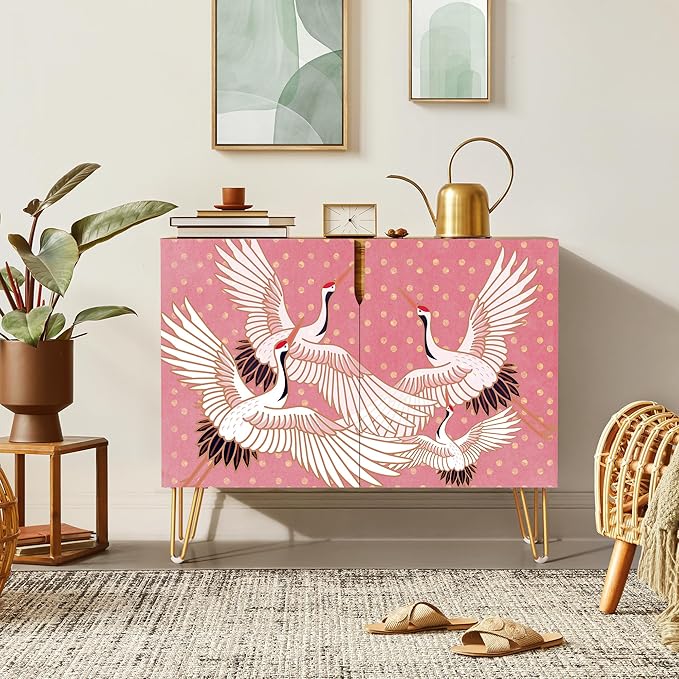 SIGNWIN Sideboard Buffet Cabinet, Kitchen Storage Cabinet with 2 Doors, Colorful Chinese Crane Bird Pattern, Cupboard Console Table for Dining Room - 35" L x 18" W x 29" H