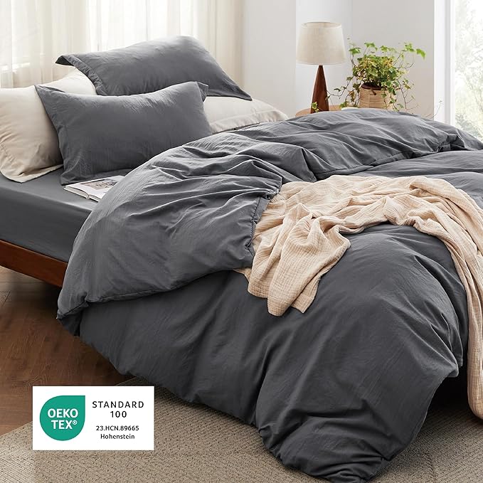 Bedsure Duvet Cover King Size with Fitted Sheet - 4 Pieces Prewashed Cotton-Like Extra Soft Bedding Set, Includes 1 Duvet Cover 104x90 Inches, 2 Pillow Shams, 1 Fitted Sheet, Dark Grey