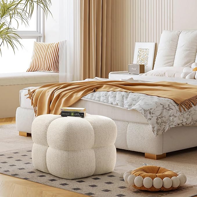 ONEVOG Beige Modern Ottoman, 21" Square Funky Pouf Ottoman, Linen Fabric Upholsered Foot Rest, Small Coffee Table & Couch Footstool & Vanity Chair for Living Room Bedroom, Dorm, Cute Pouf Home Decor